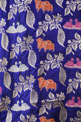 Ink Blue Banarasi Katan Silk Saree with Meenakari Cow-Swan Motifs