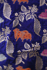 Ink Blue Banarasi Katan Silk Saree with Meenakari Cow-Swan Motifs
