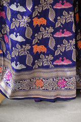 Ink Blue Banarasi Katan Silk Saree with Meenakari Cow-Swan Motifs