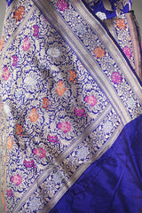 Ink Blue Banarasi Katan Silk Saree with Meenakari Cow-Swan Motifs