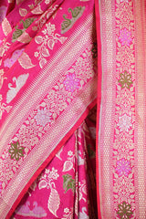 Pink Banarasi Katan Silk Saree with Meenakari Cow-Swan Motifs