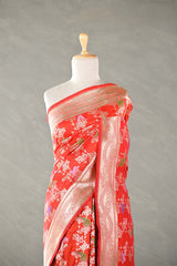 Orange Banarasi Silk Saree with Floral-Shikargah & Meenakari Work