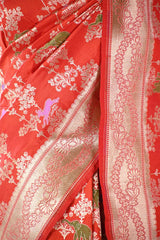 Orange Banarasi Silk Saree with Floral-Shikargah & Meenakari Work