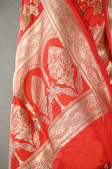 Orange Banarasi Silk Saree with Floral-Shikargah & Meenakari Work