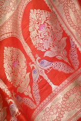 Orange Banarasi Silk Saree with Floral-Shikargah & Meenakari Work