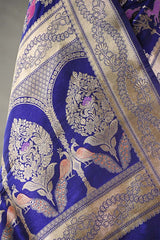 Blue Banarasi Silk Saree with Floral-Shikargah & Meenakari Work