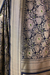 Deep Blue Banarasi Silk Saree with Rose Floral Jaal Work