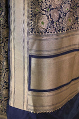 Deep Blue Banarasi Silk Saree with Rose Floral Jaal Work