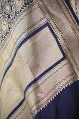 Deep Blue Banarasi Silk Saree with Rose Floral Jaal Work