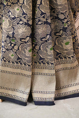 Deep Blue Banarasi Silk Saree with Rose Floral Jaal Work