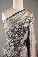 Deep Blue Banarasi Silk Saree with Rose Floral Jaal Work