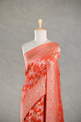 Orange Banarasi Silk Saree with Mayur-Swan Meenakari Work