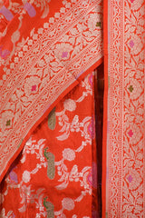 Orange Banarasi Silk Saree with Mayur-Swan Meenakari Work