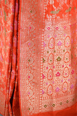 Orange Banarasi Silk Saree with Mayur-Swan Meenakari Work