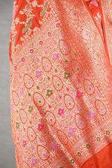 Orange Banarasi Silk Saree with Mayur-Swan Meenakari Work