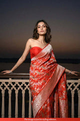 Orange Banarasi Silk Saree with Mayur-Swan Meenakari Work