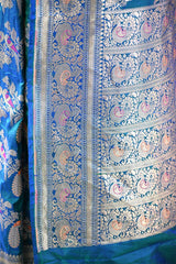 Teal Blue Banarasi Katan Silk Saree with Mayur-Pakshi Motifs