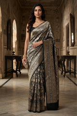 women in Black Banarasi Silk Saree With Pichwai Woven Work