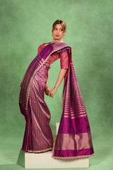 Purple Banarasi Katan Silk Saree with Sona-Rupa Geometric Stripes