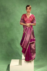 Purple Banarasi Katan Silk Saree with Sona-Rupa Geometric Stripes