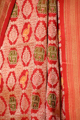 Red Banarasi Katan Silk Saree with Meenakari Bird-Elephant Motifs
