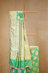 Aqua Green Banarasi Katan Silk Saree with Floral Meenakari Motifs
