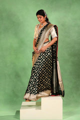 Bottle Green Banarasi Katan Silk Saree with Crisscross Jaal Pattern