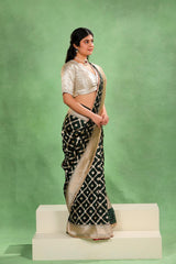 Bottle Green Banarasi Katan Silk Saree with Crisscross Jaal Pattern