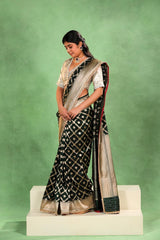 Bottle Green Banarasi Katan Silk Saree with Crisscross Jaal Pattern