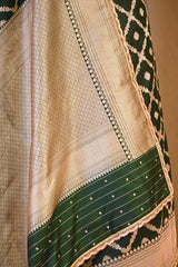 Bottle Green Banarasi Katan Silk Saree with Crisscross Jaal Pattern