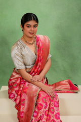 Pink Banarasi Katan Silk Saree with Shikargah Meenakari Work