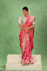 Pink Banarasi Katan Silk Saree with Shikargah Meenakari Work