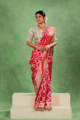 Pink Banarasi Katan Silk Saree with Shikargah Meenakari Work