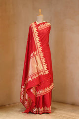 Red Banarasi Satin Silk Saree with Pichwai Border