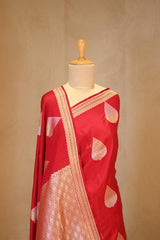 Red Banarasi Satin Silk Saree with Gold-Silver Zari Pan Butas