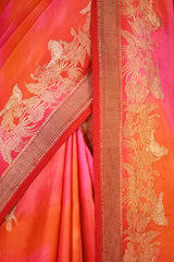 Shaded Pink Handloom Banarasi Satin Silk Saree with Bird Motifs