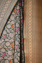 Bottle Green Banarasi Katan Silk Saree with Brocade Birds & Floral Work