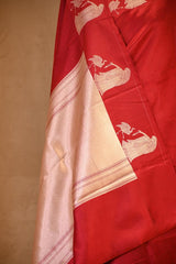 Red Banarasi Silk Saree with Tanchoi  And Woman-Swan Motifs