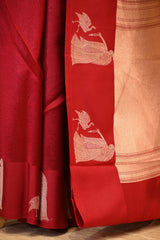 Red Banarasi Silk Saree with Tanchoi  And Woman-Swan Motifs