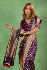 Banarasi Katan Saree in Purple with Watergold Zari Jaal Pattern