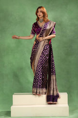 Banarasi Katan Saree in Purple with Watergold Zari Jaal Pattern