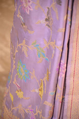 Pure Katan Banarasi Saree in Lilac with Real Zari and Resham Floral Jaal