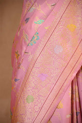 Pure Katan Banarasi Saree in Pink with Real Zari and Resham Floral Jaal