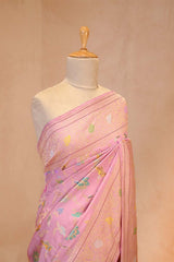 Pure Katan Banarasi Saree in Pink with Real Zari and Resham Floral Jaal