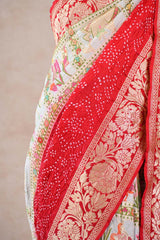 White and Red Ghadchola Bandhani Saree & Pichwai Border