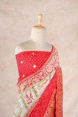 White and Red Ghadchola Bandhani Saree & Pichwai Border