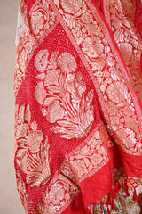 White and Red Ghadchola Bandhani Saree & Pichwai Border