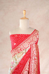 White and Red Ghadchola Bandhani Saree & Pichwai Border