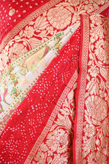 White and Red Ghadchola Bandhani Saree & Pichwai Border