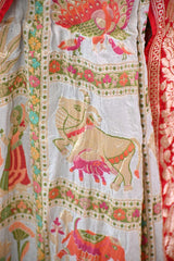 White and Red Ghadchola Bandhani Saree & Pichwai Border